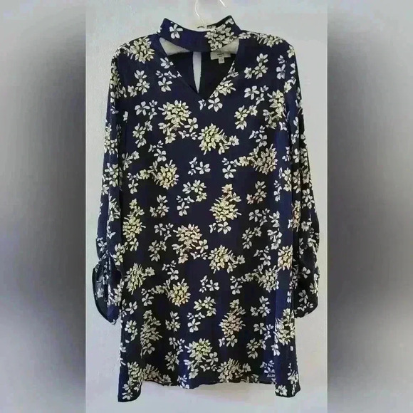 Entro Navy Blue Floral Print Long Sleeve V-neck Choker Fall Mini Dress Size M - Picture 1 of 5